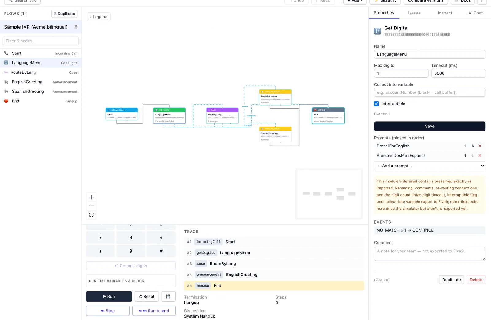 The ivrloom editor: a Five9 IVR flow on a visual canvas, a node list on the left, the Get Digits node's properties on the right, and a simulated call traced node by node below.