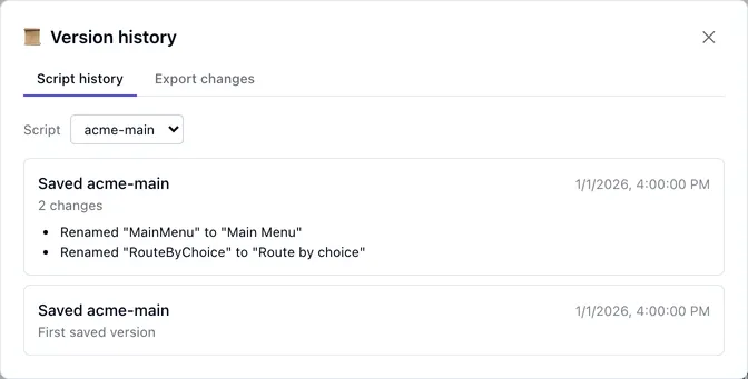 The Version history dialog listing one script's saved versions, each with the changes it made